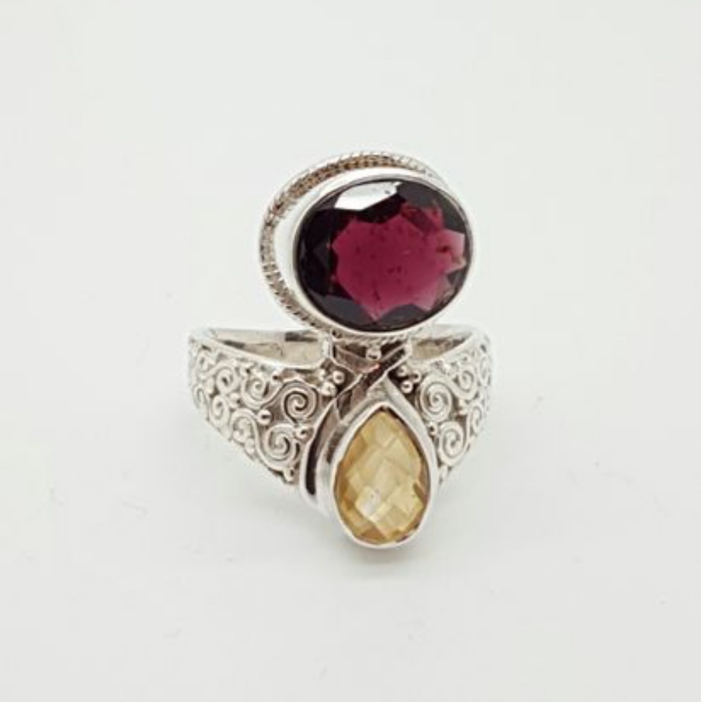 Citrine Garnet Two Stone Scroll Ring Sz. 8.5